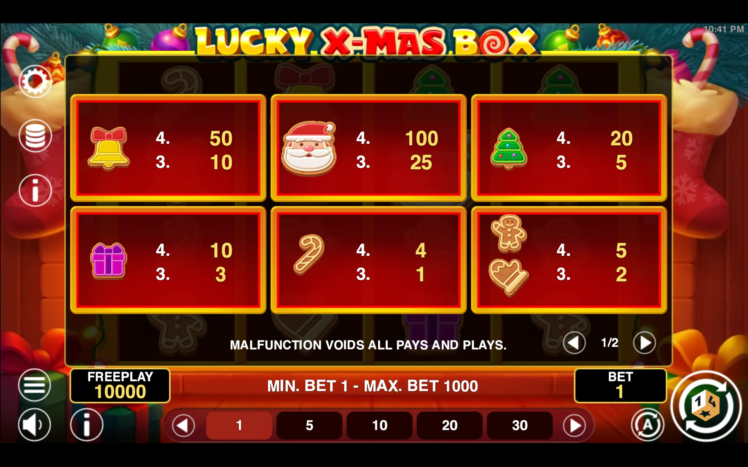 Lucky Xmas Box paytable page 1 with symbol payouts