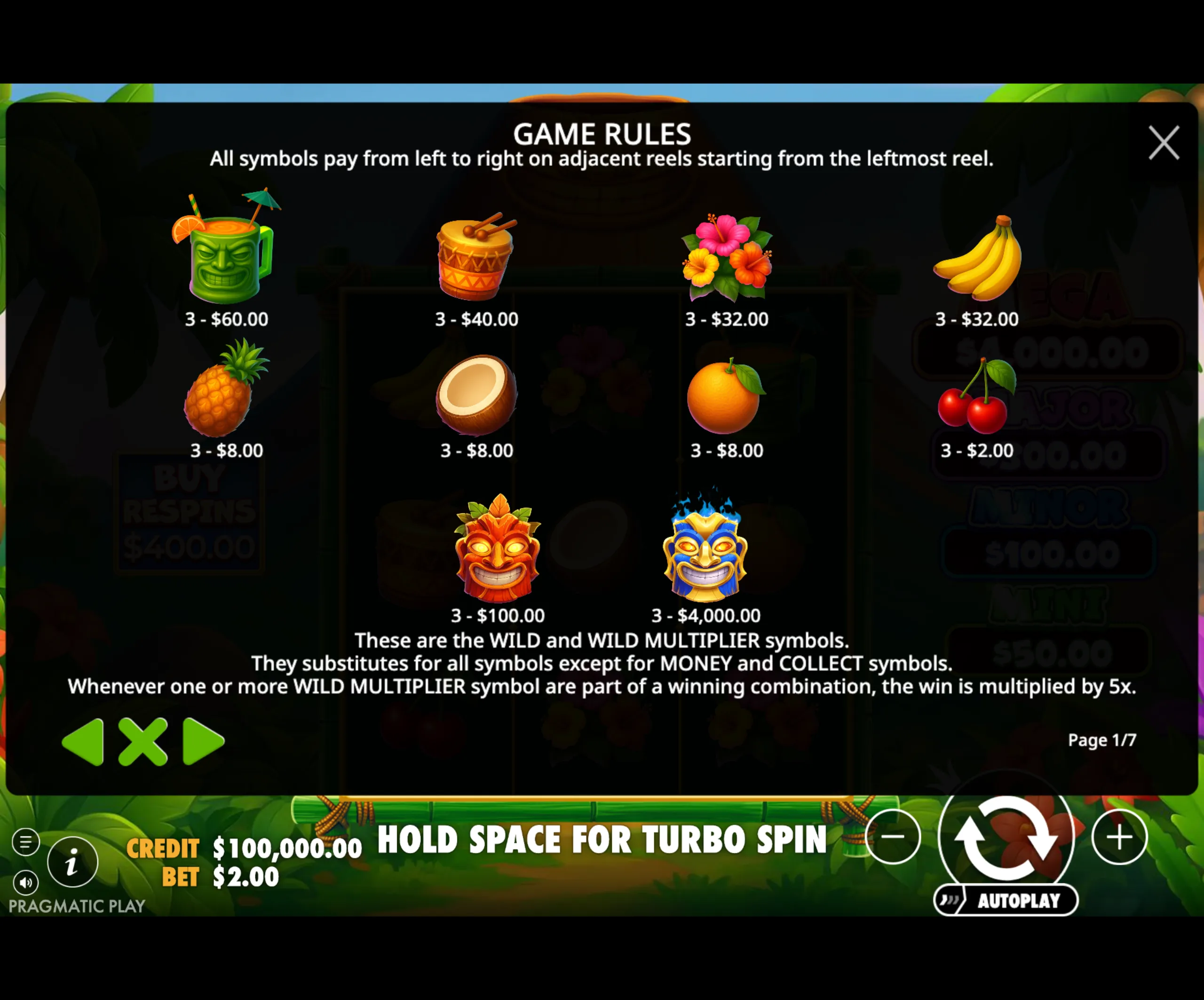 Game rules and symbol payouts for Super Tiki Strike slot featuring tropical-themed icons like tiki mugs, drums, flowers, fruits, and tiki masks with wild multipliers.