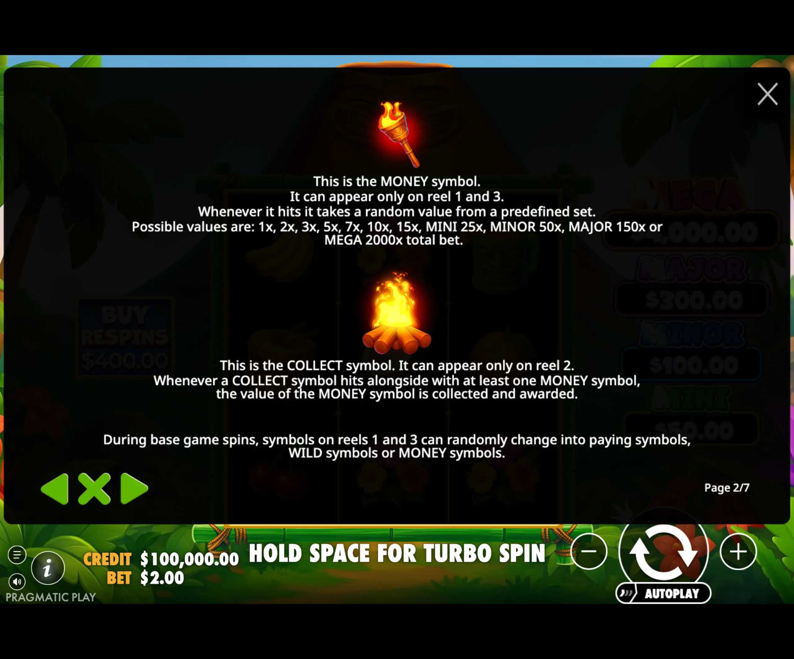 Super Tiki Strike slot game features MONEY and COLLECT symbols with detailed payout multipliers and reel appearances.