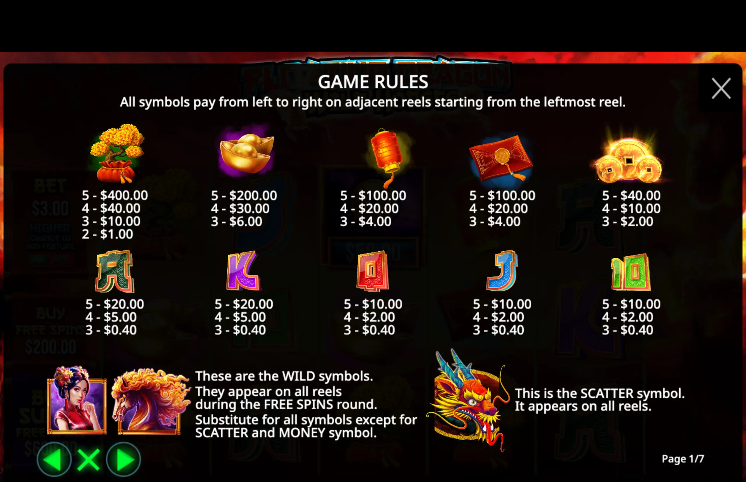 Slot game paytable displaying symbol values including bonsai tree, gold ingots, lantern, red envelope, coins, and card suits with wild and scatter symbols highlighted.