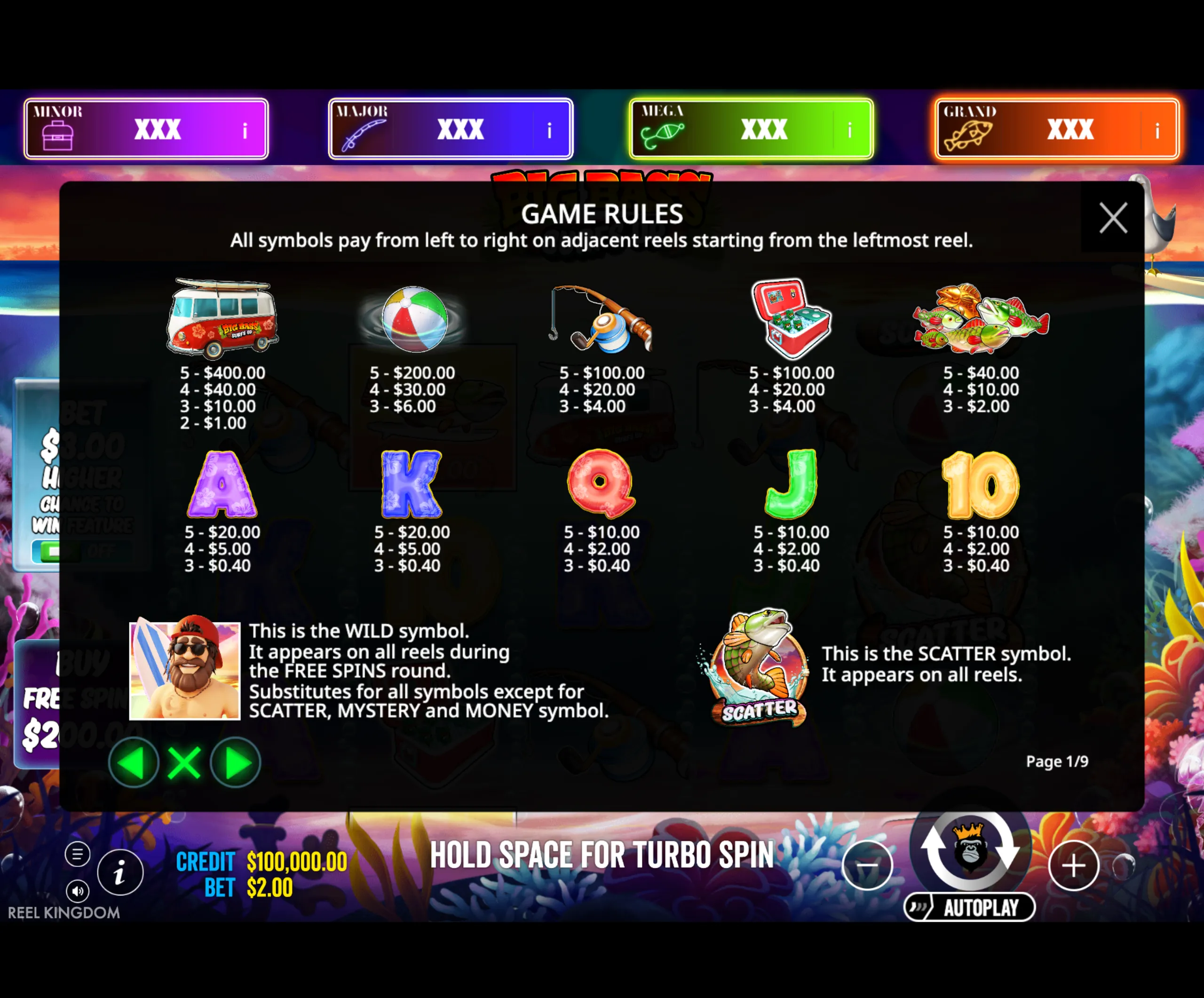 Big Bass Surf’s Up slot game paytable showing various fishing-themed symbols with their payout values and jackpot tiers labeled Minor, Major, Mega, and Grand.