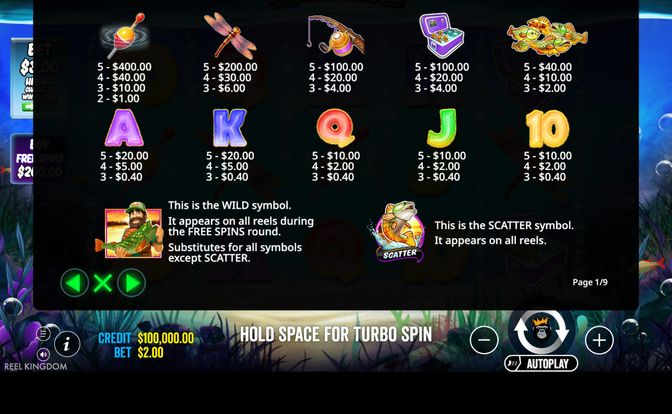 Slot game paytable showing fishing-themed symbols with payout values, wild and scatter symbol explanations, set against an underwater backdrop.