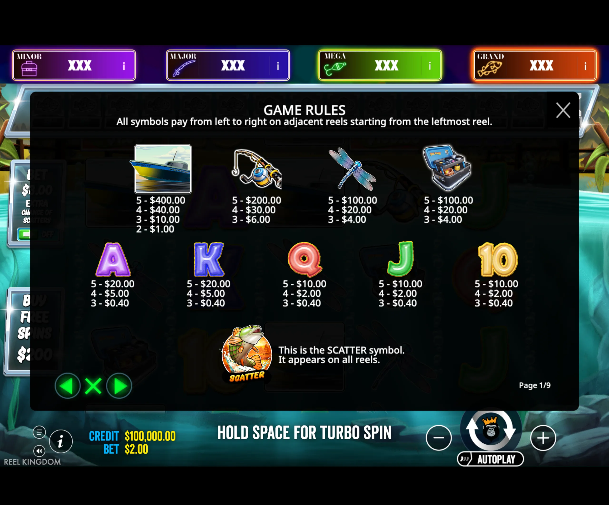 Payout and jackpot information for Big Bass Master Classic slot game featuring fishing-themed symbols and colorful letter icons.