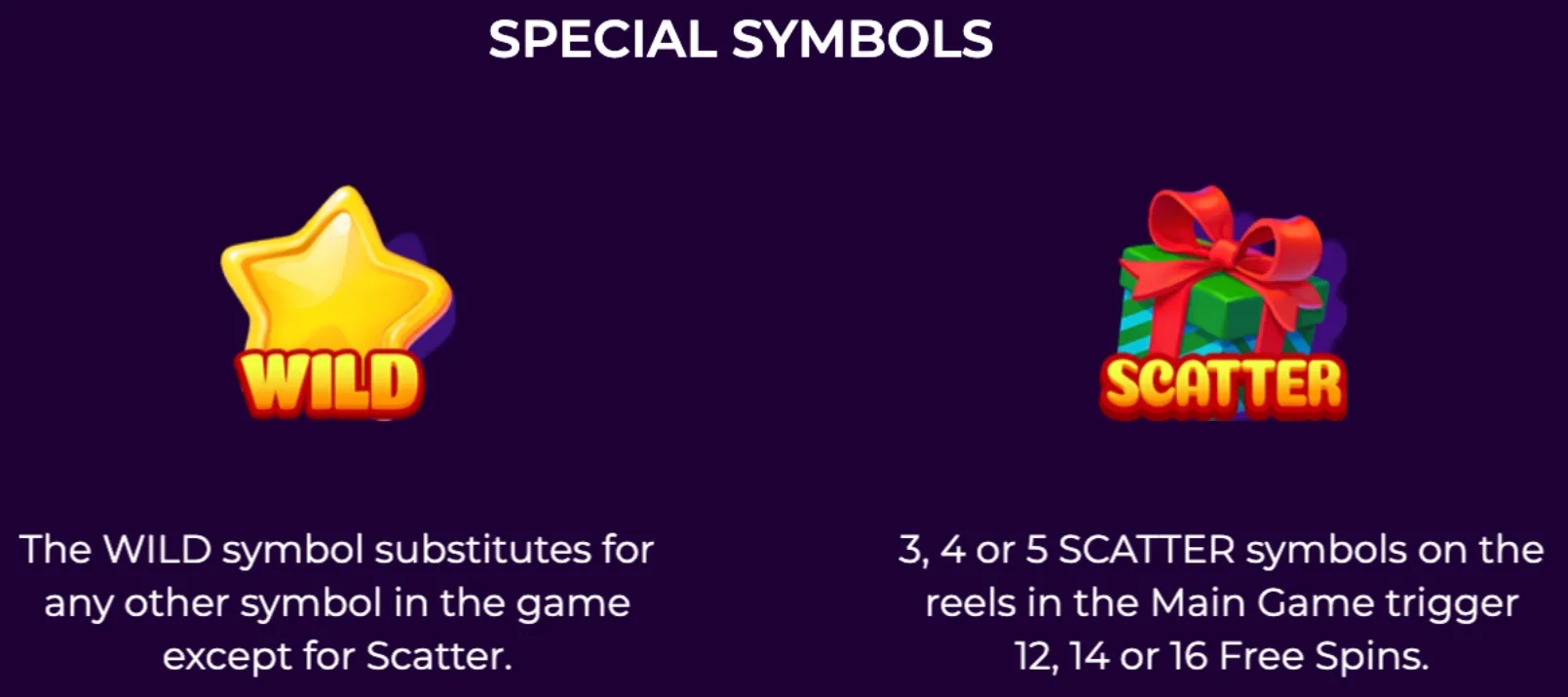 Bright yellow star Wild symbol and colorful gift box Scatter symbol with red ribbon on a dark background, explaining their gameplay roles.