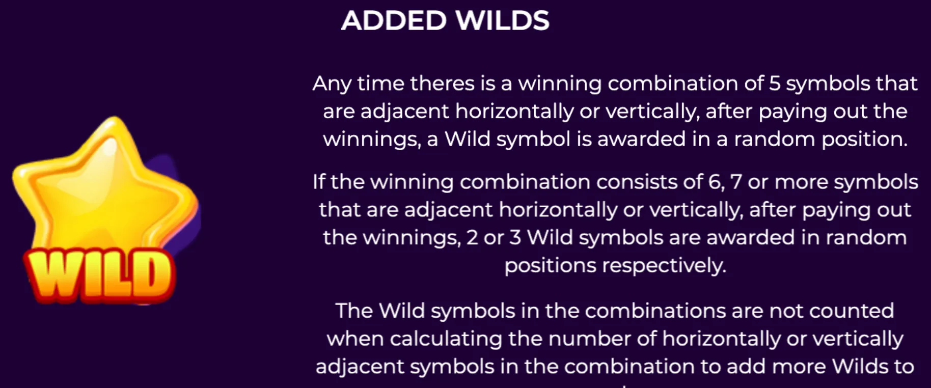 Jingle Blast slot game feature explanation with a bright yellow star wild symbol and text detailing how wilds are added based on winning combinations.