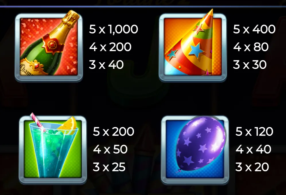 Symbols of New Year's Eve celebration including a champagne bottle, party hat, festive cocktail, and star-patterned balloon with payout values.