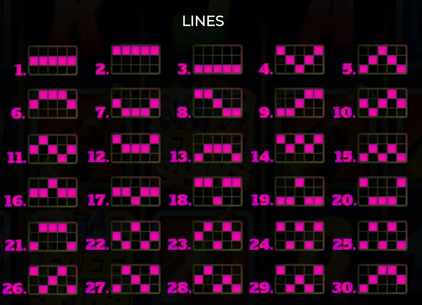 A grid layout showing 30 distinct paylines highlighted in bright pink on a dark background, illustrating the possible winning lines in New Year's Eve Fortune 2.