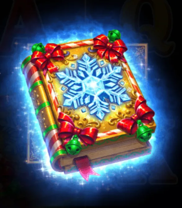 A magical Christmas-themed book adorned with a large blue snowflake, red bows, and green jingle bells, glowing with a sparkling aura.