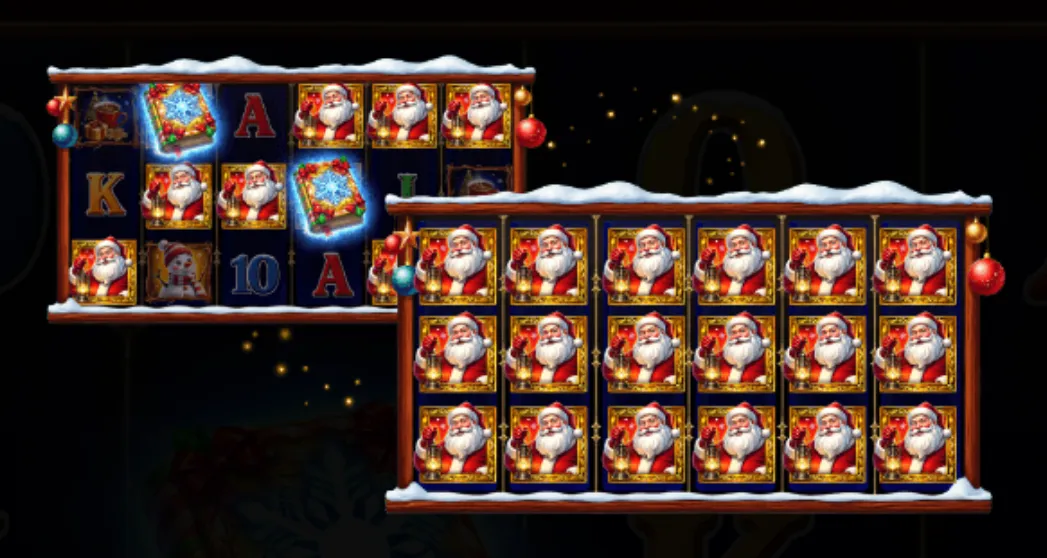 Christmas slot game reels filled with Santa Claus symbols and glowing magical books, decorated with snow and festive ornaments.