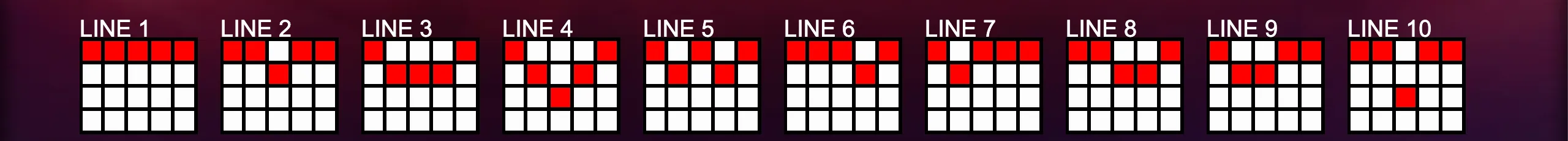 Bright and colorful slot paylines preview with red-highlighted winning lines on a dark purple background.