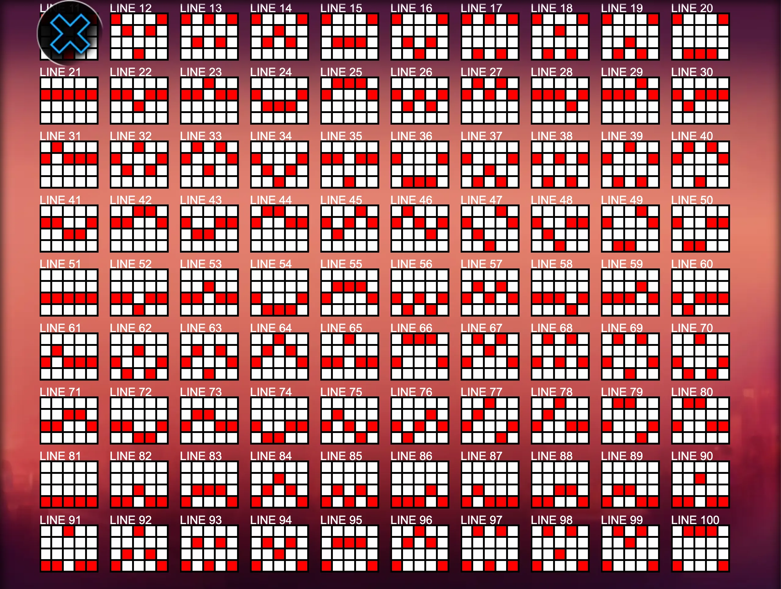 Grid layout showing 100 paylines of the slot game 100x Cherry Party with red highlighted paths on a gradient background