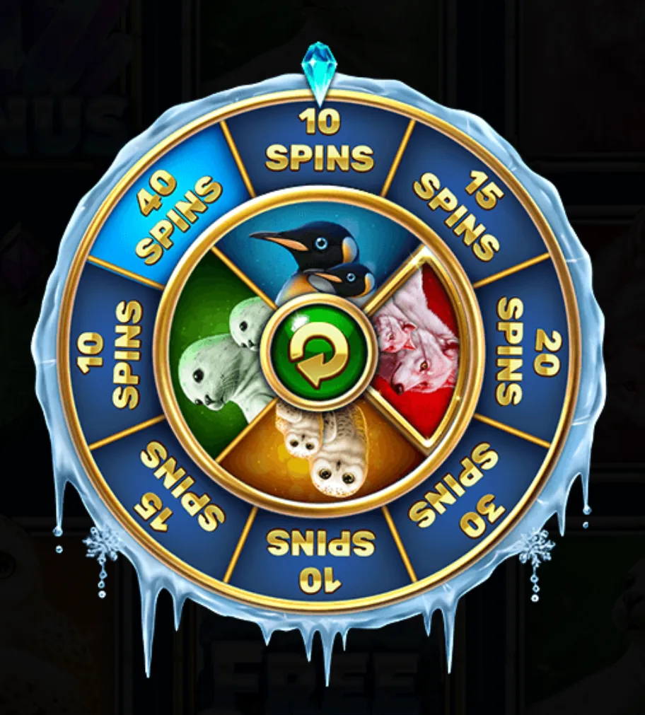A frosty bonus wheel from Majestic Polar Bear slot featuring animal symbols and multiple free spin rewards ranging from 10 to 40 spins.