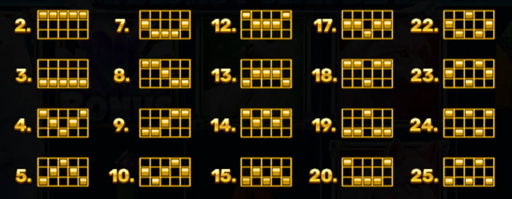Golden grid patterns illustrating 25 distinct paylines for the Majestic Polar Bear slot game.