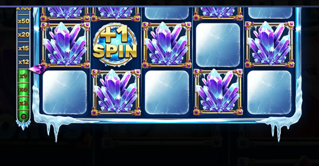 Slot game reels featuring sparkling purple crystals, icy blocks, and a golden +1 spin bonus symbol in a frozen frame.