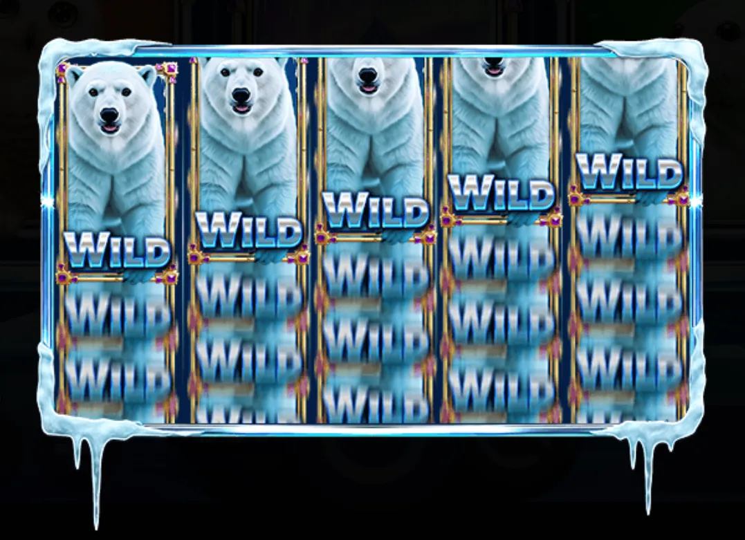 Majestic Polar Bear slot reels filled with multiple wild polar bear symbols framed by icy borders