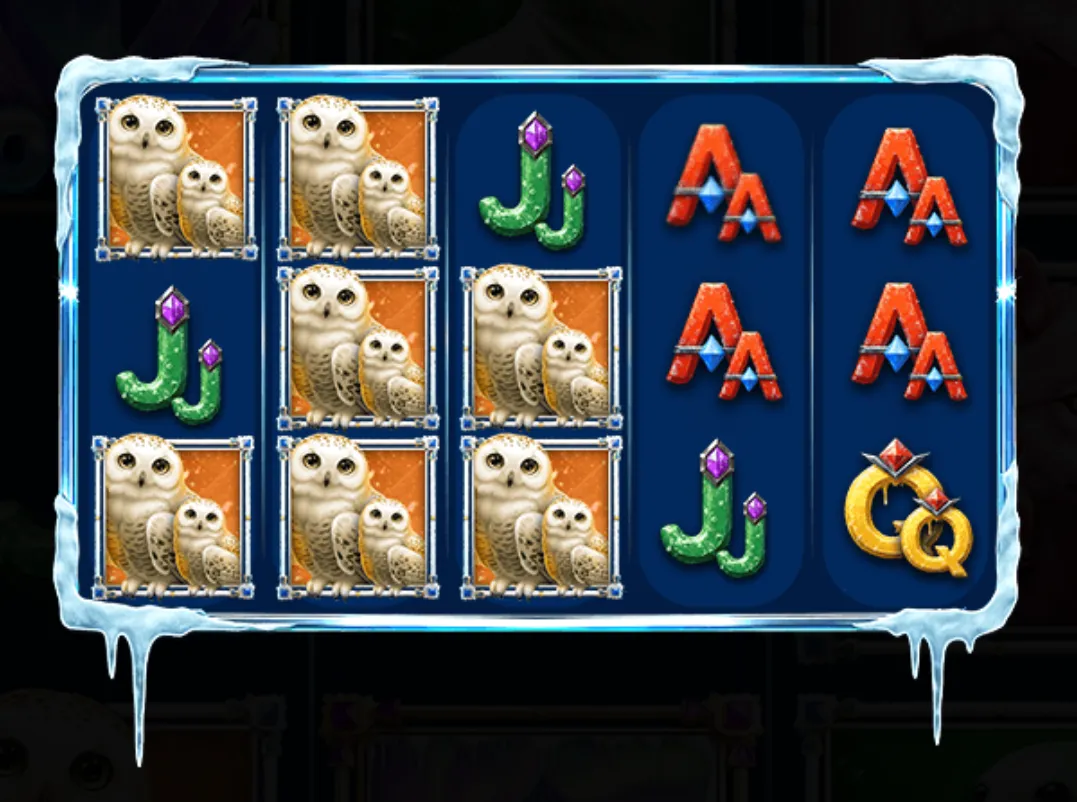 Slot game reels featuring snowy owl symbols, icy-themed card icons, and a frosted frame, set against a deep blue background.