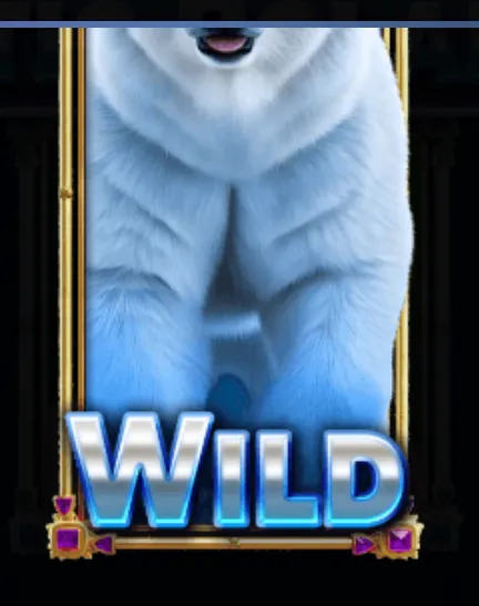 Close-up of a majestic polar bear's front legs with a glowing 'WILD' symbol in icy blue and silver tones, framed by golden and purple accents.