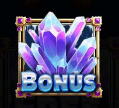 A glowing cluster of purple and blue crystals with the word BONUS in icy blue letters, indicating a bonus symbol in the Majestic Polar Bear slot game.