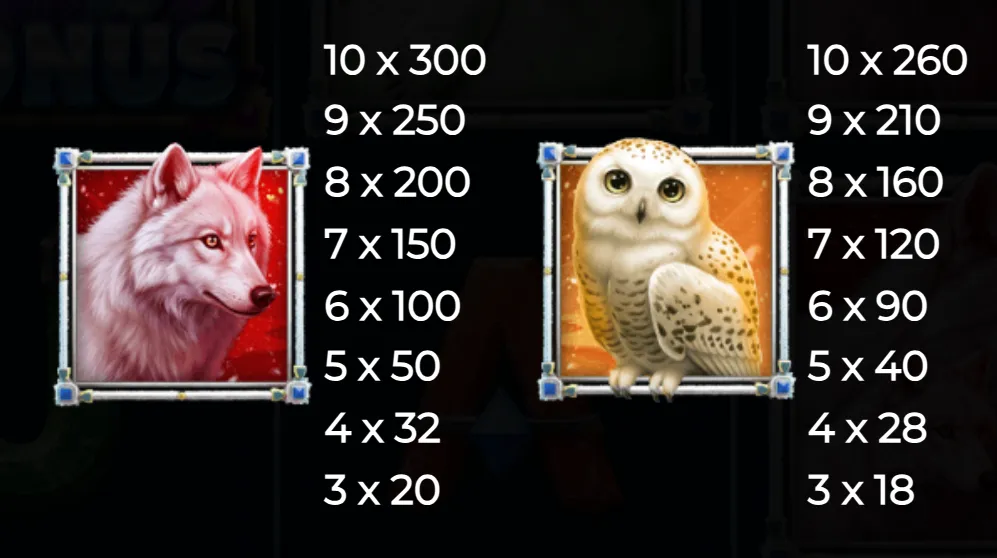 Symbols of a white wolf and a snowy owl with their respective payout values in a wildlife-themed slot game.