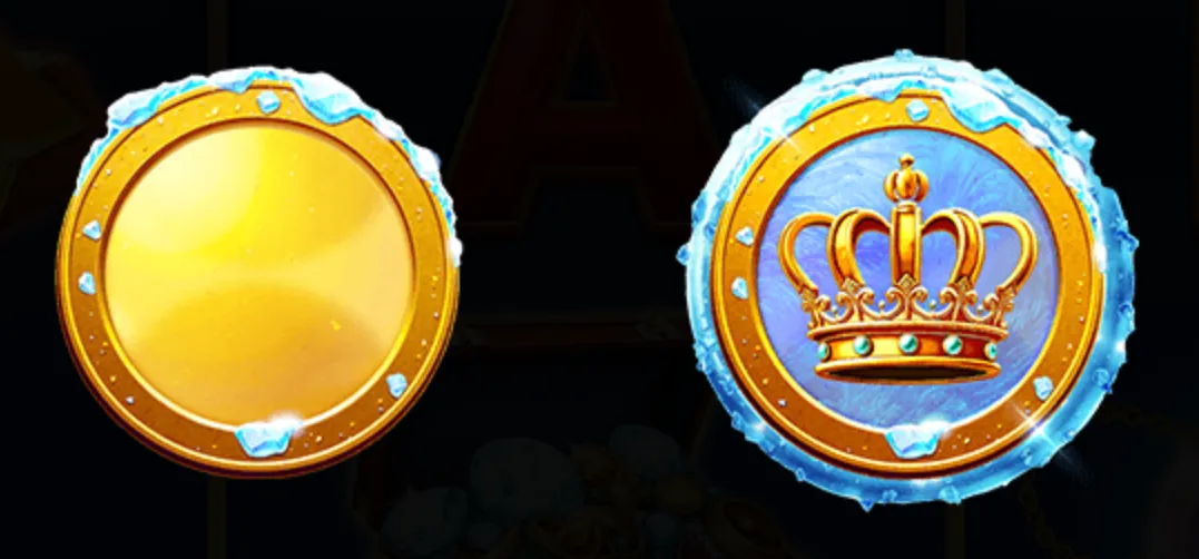Two golden circular symbols with icy edges, one blank and one featuring a crown, set against a dark backdrop.