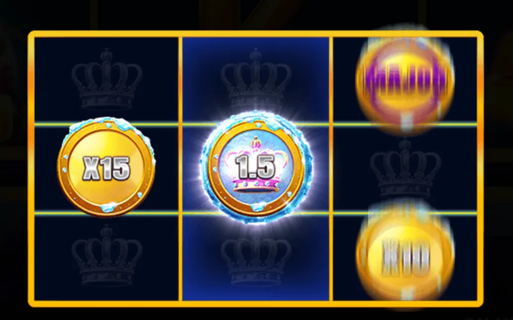 A 3x3 slot grid featuring golden coin symbols with multipliers and a glowing crown symbol, emphasizing jackpot and multiplier features.