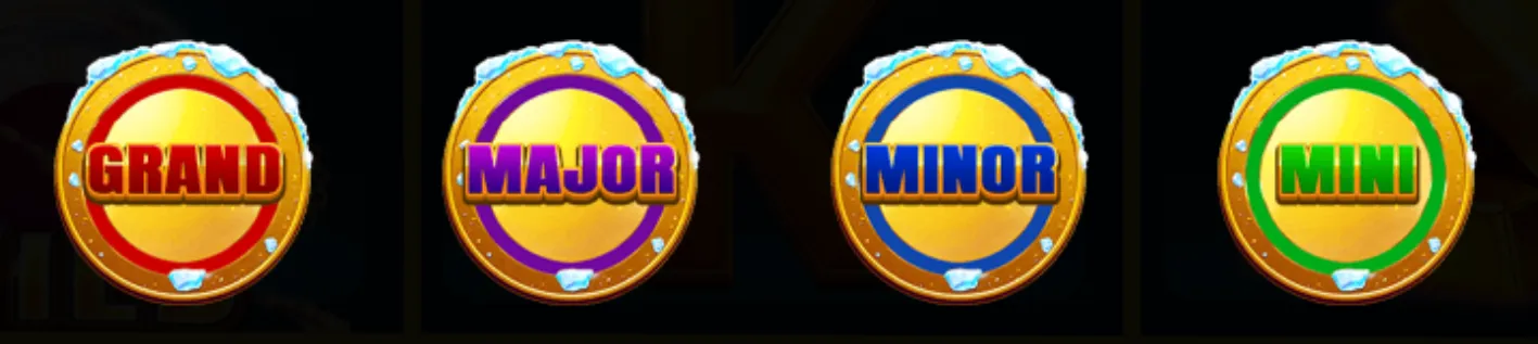Four golden jackpot coins labeled Grand, Major, Minor, and Mini with icy accents representing different prize levels in The North Star Express Hold & Hit 3x3 slot game.