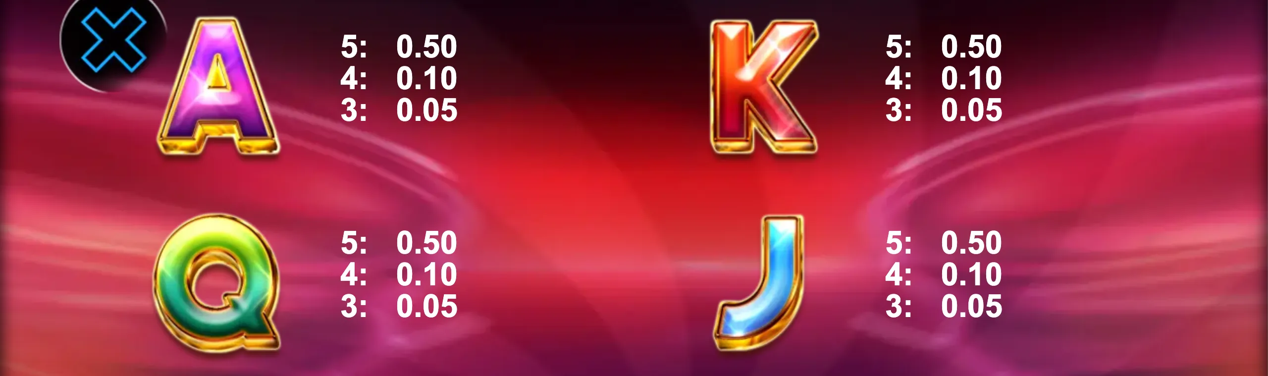 Brightly colored slot symbols A, K, Q, and J with payout values on a dynamic red and purple background from Win Storm Deluxe.