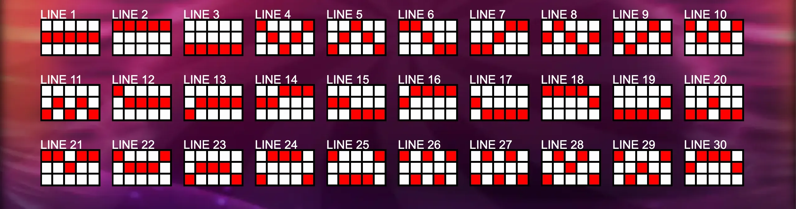 Win Storm Deluxe slot game paylines preview with 30 distinct winning line patterns highlighted in red on a purple background