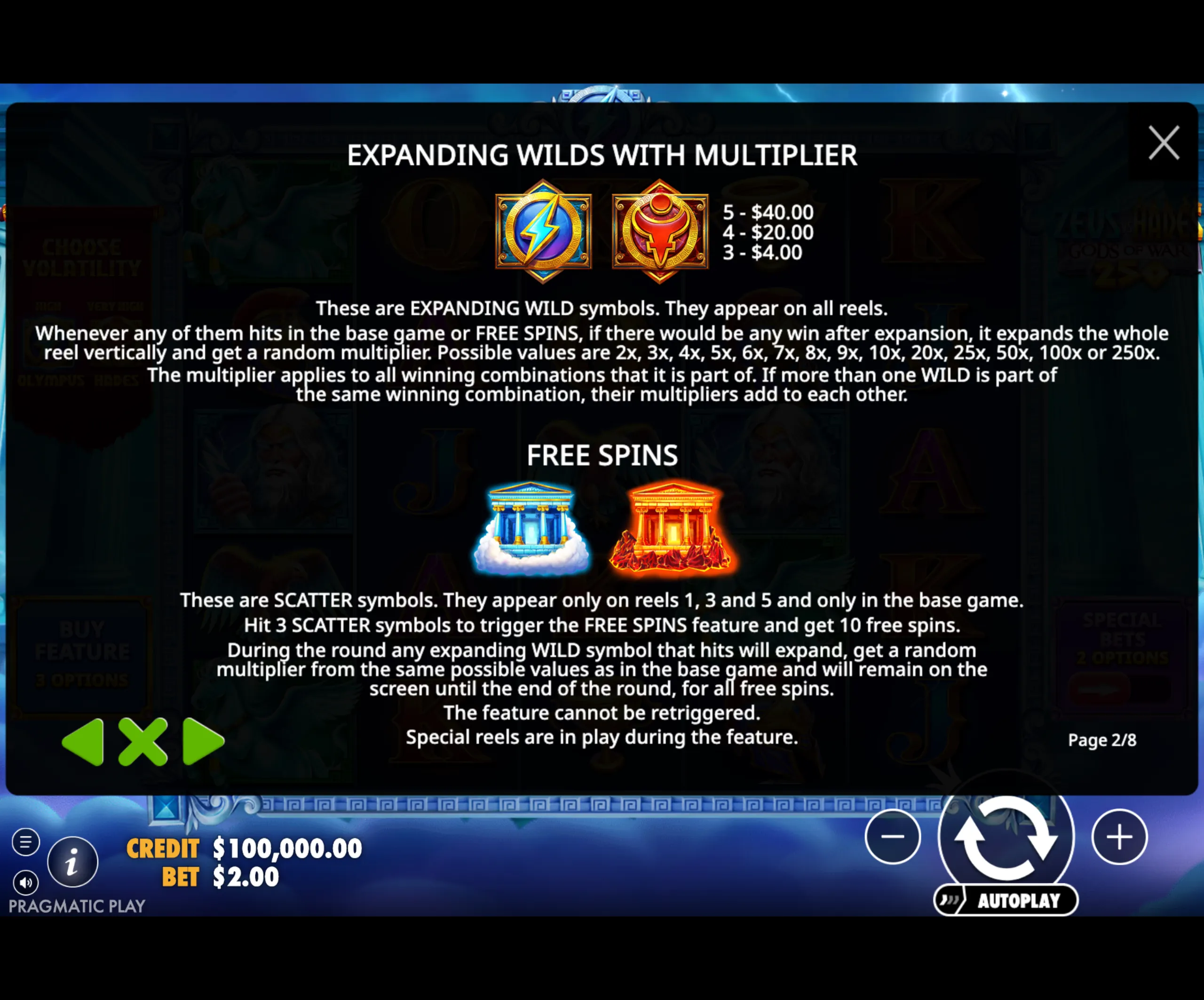 Expanding wild symbols with multipliers and scatter symbols triggering free spins in Zeus vs Hades slot game