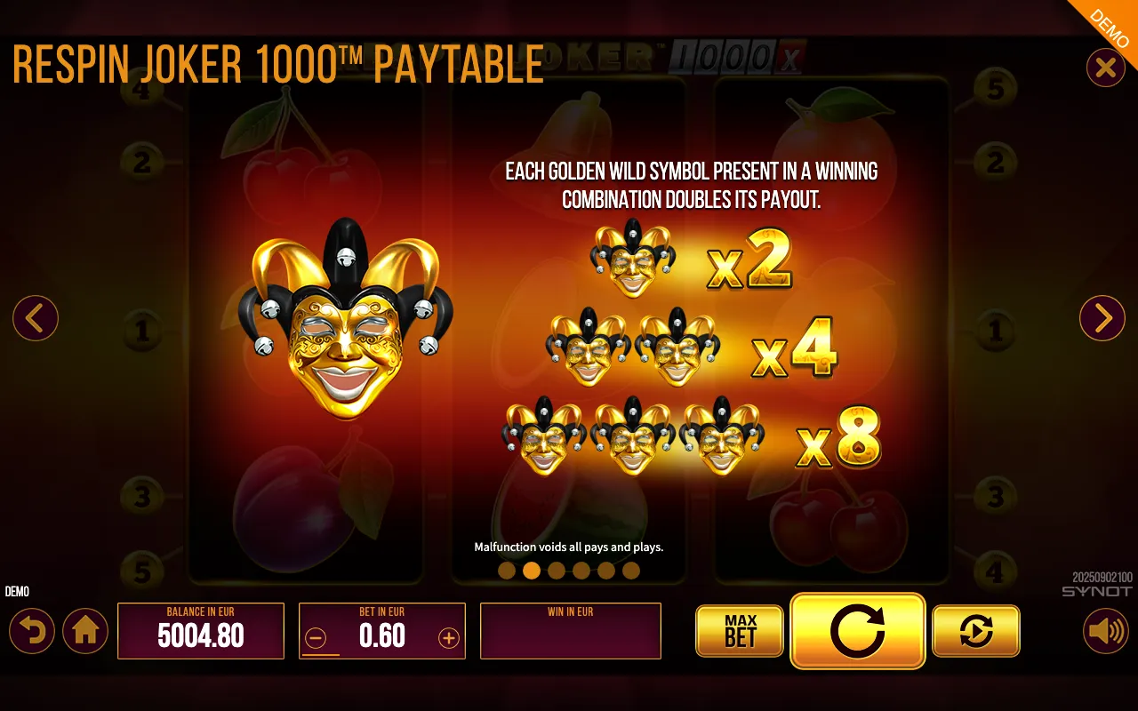 Respin Joker 1000 paytable page 1 with symbol payouts