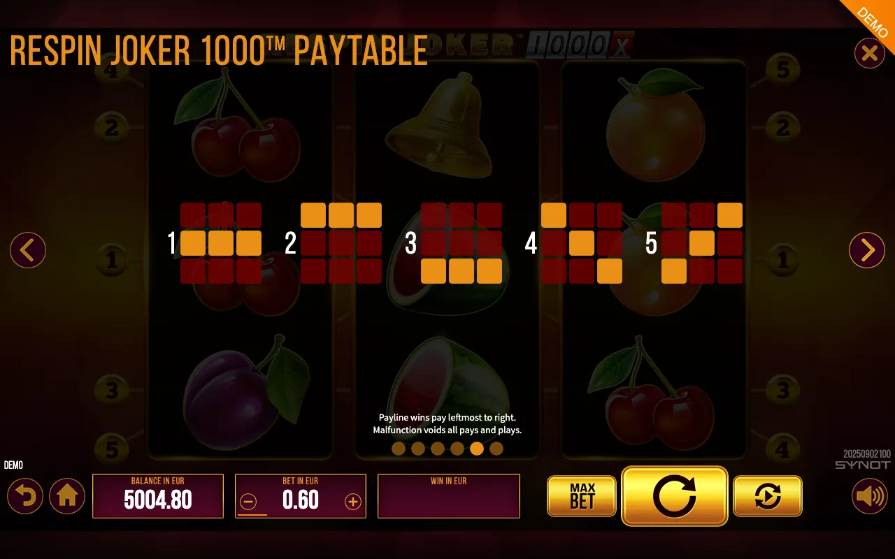 Respin Joker 1000 paytable page 3 with symbol payouts