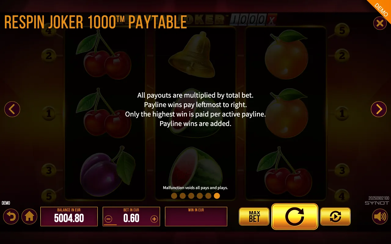 Respin Joker 1000 paytable page 4 with symbol payouts