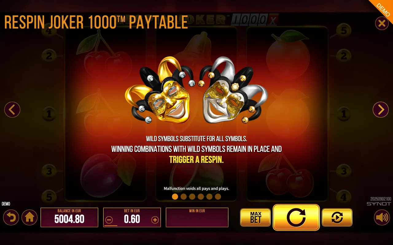 Respin Joker 1000 paytable page 5 with symbol payouts