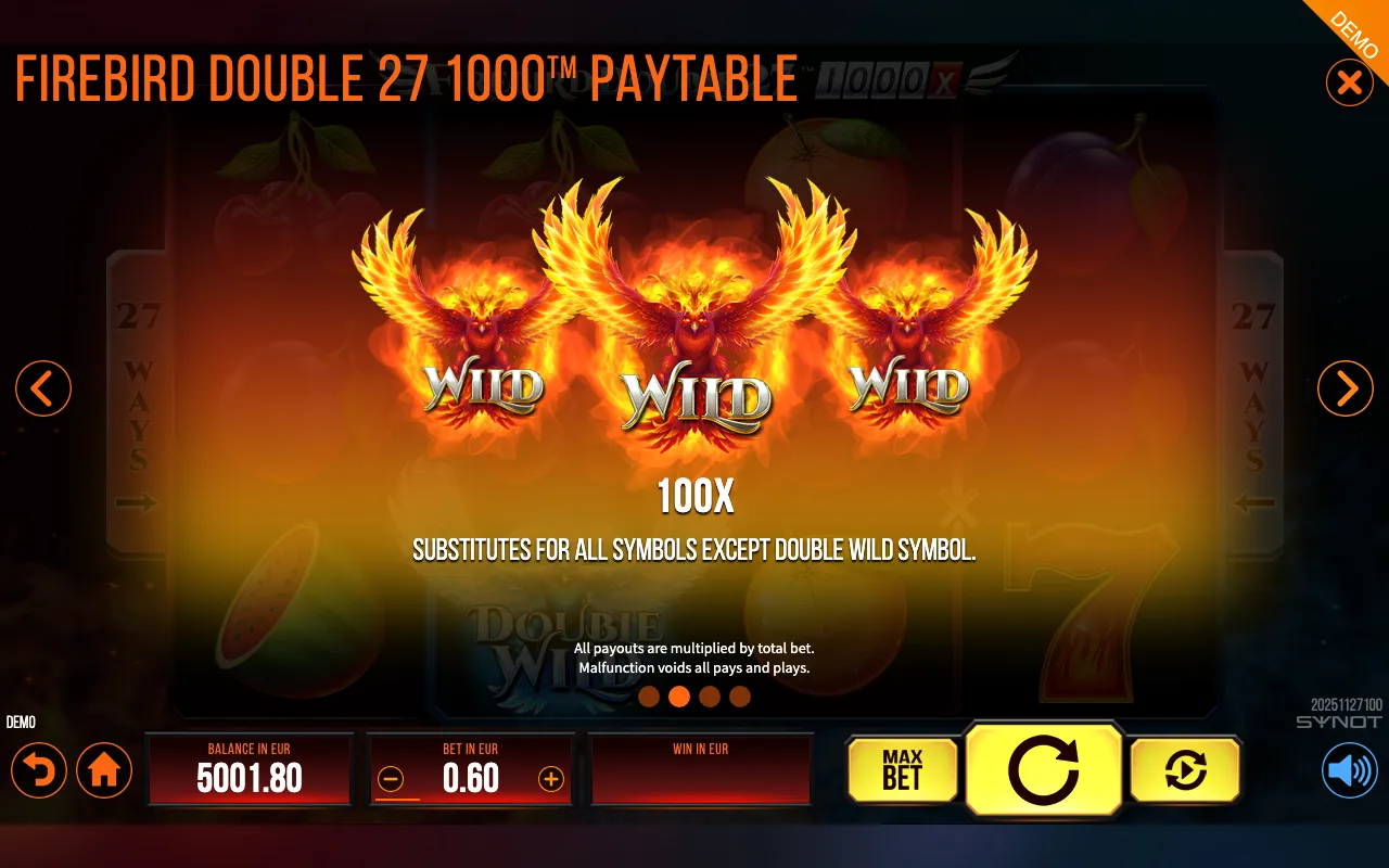 Firebird Double 27 1000 paytable page 1 with symbol payouts