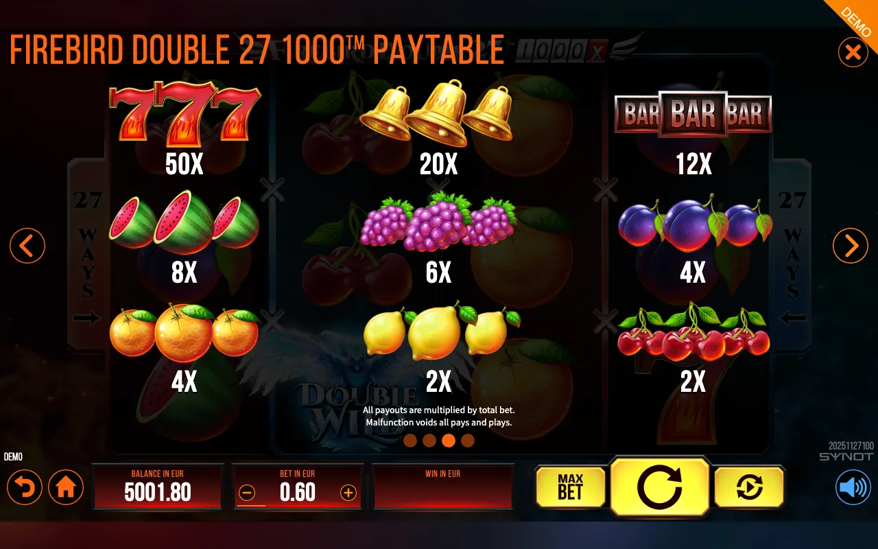 Firebird Double 27 1000 paytable page 2 with symbol payouts