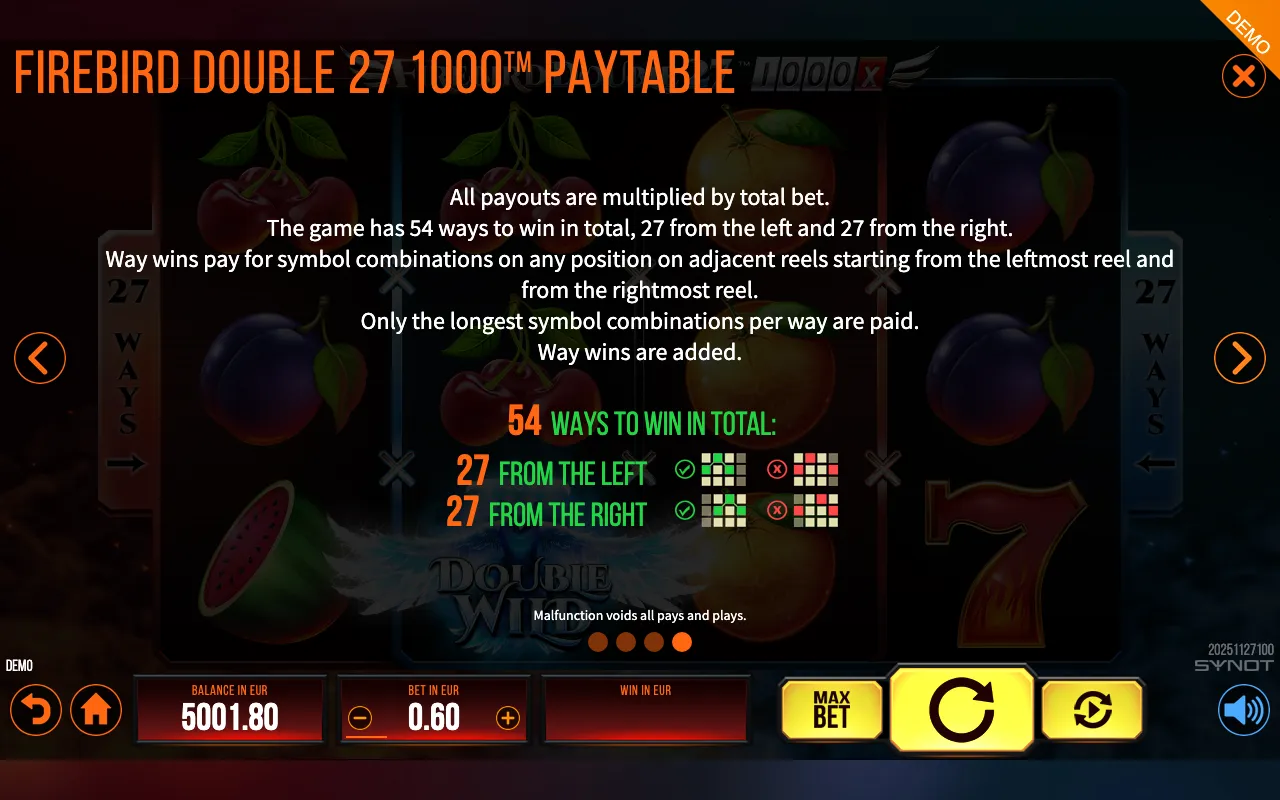 Firebird Double 27 1000 paytable page 3 with symbol payouts