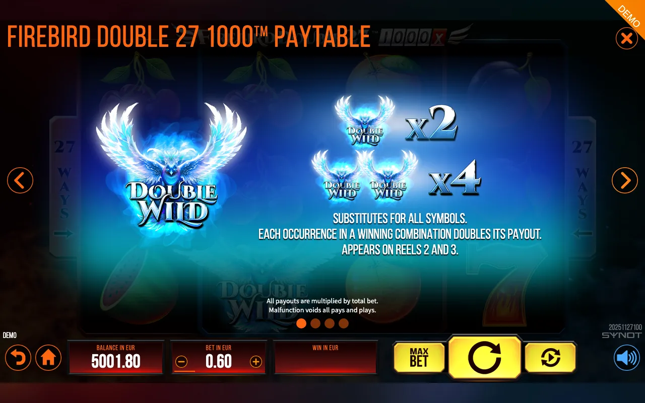 Firebird Double 27 1000 paytable page 4 with symbol payouts