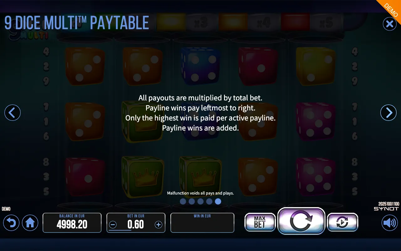 9 Dice Multi paytable page 3 with symbol payouts