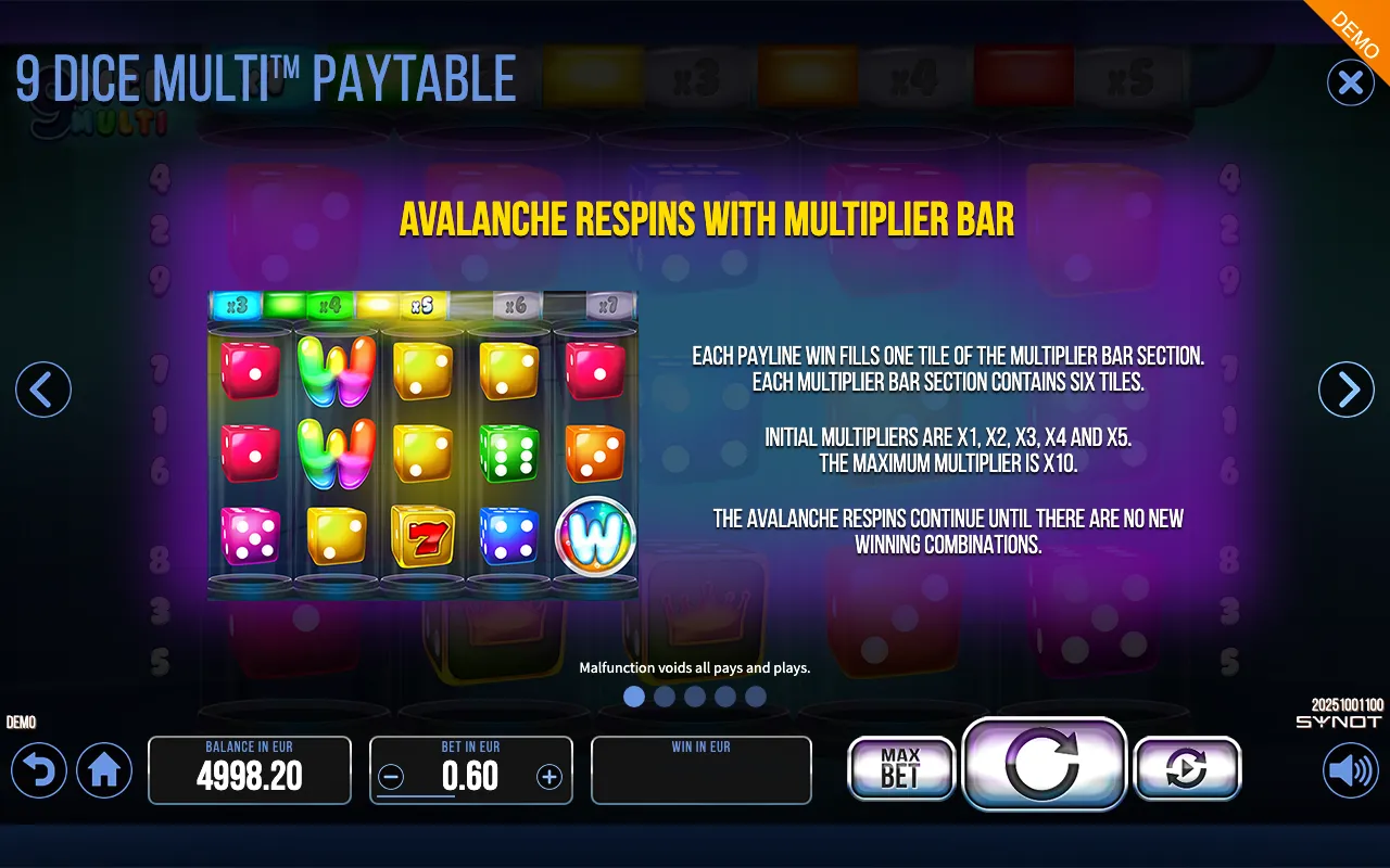 9 Dice Multi paytable page 4 with symbol payouts