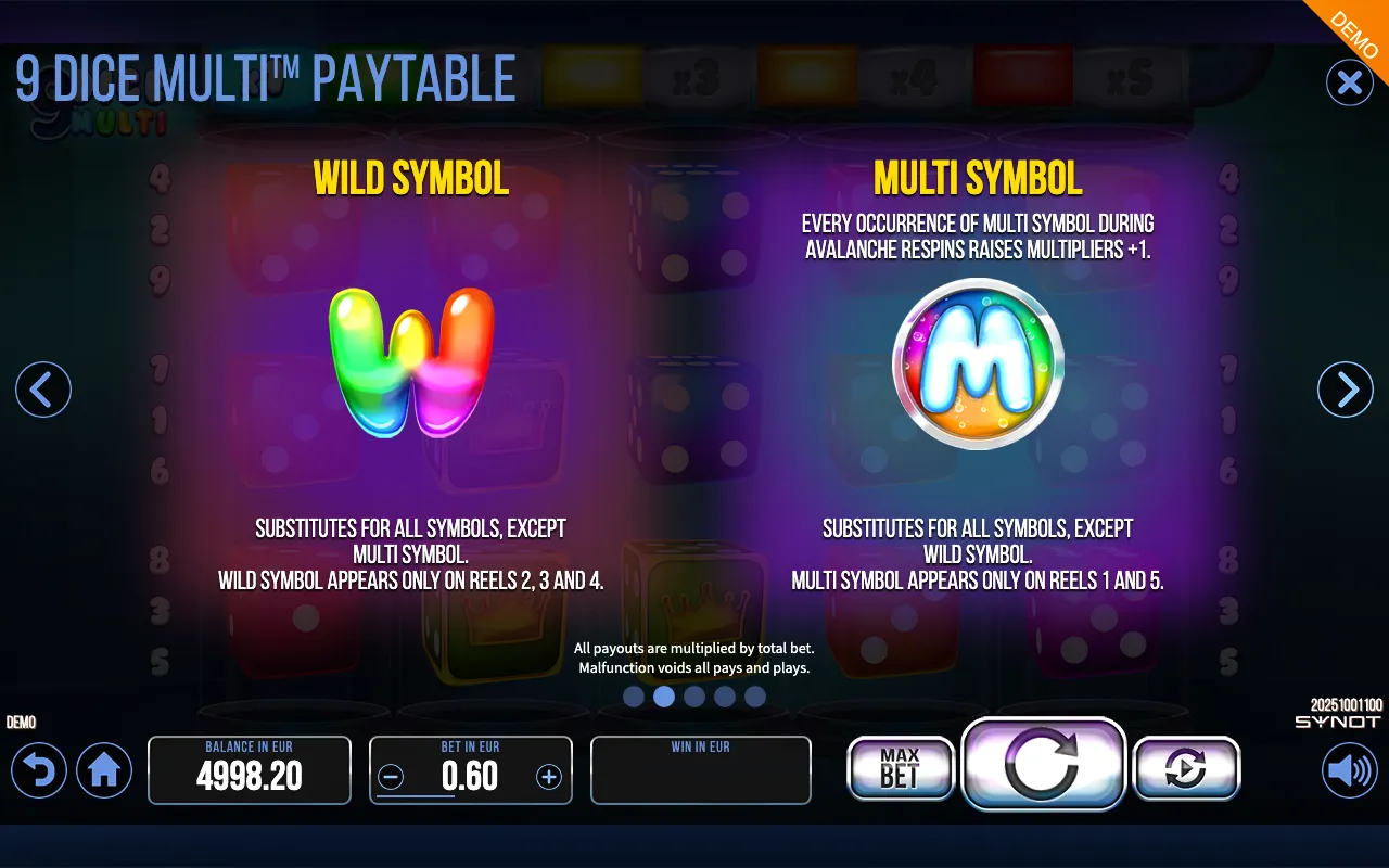 9 Dice Multi paytable page 5 with symbol payouts
