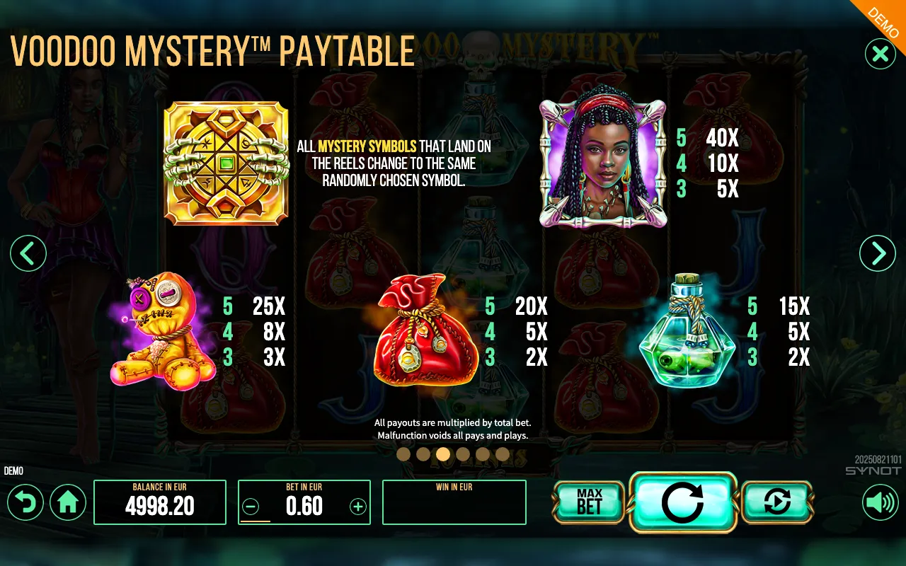 Voodoo Mystery paytable page 1 with symbol payouts