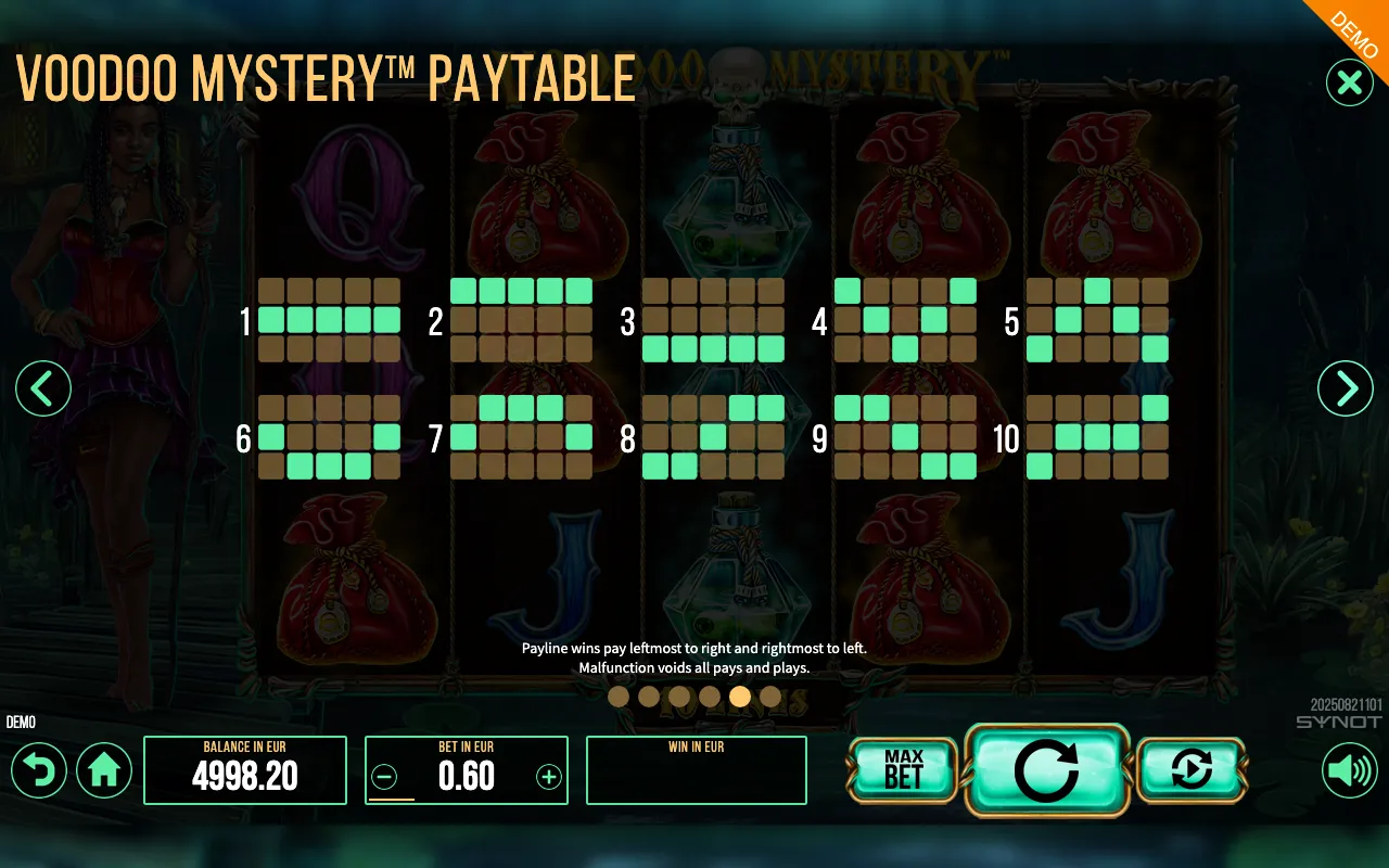 Voodoo Mystery paytable page 3 with symbol payouts