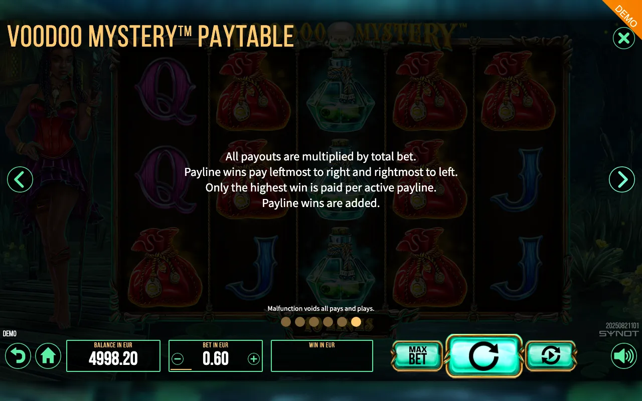 Voodoo Mystery paytable page 4 with symbol payouts