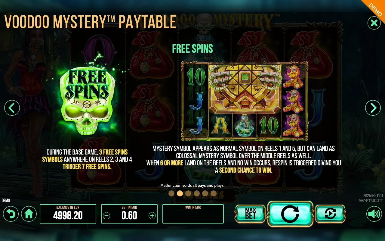 Voodoo Mystery paytable page 6 with symbol payouts