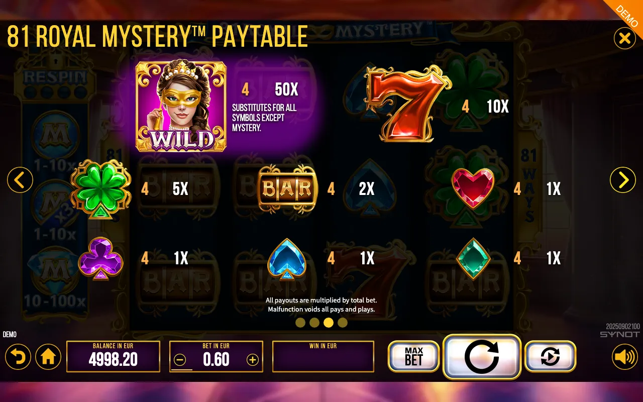 81 Royal Mystery paytable page 2 with symbol payouts