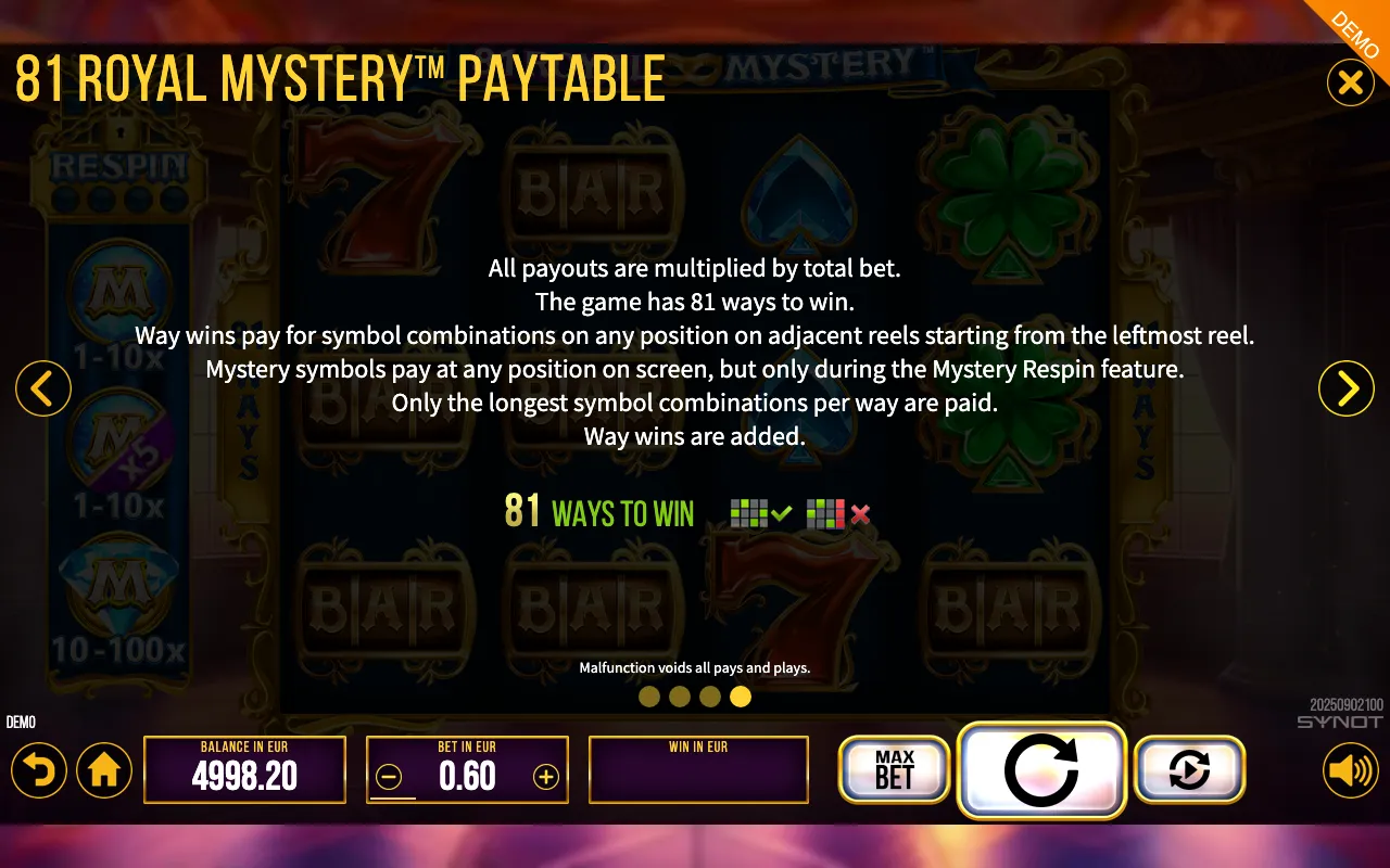 81 Royal Mystery paytable page 3 with symbol payouts
