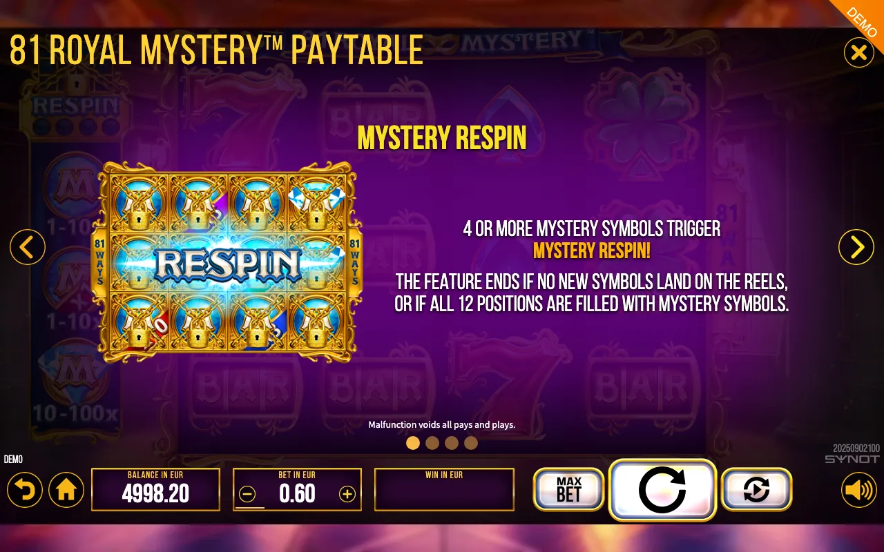 81 Royal Mystery paytable page 4 with symbol payouts
