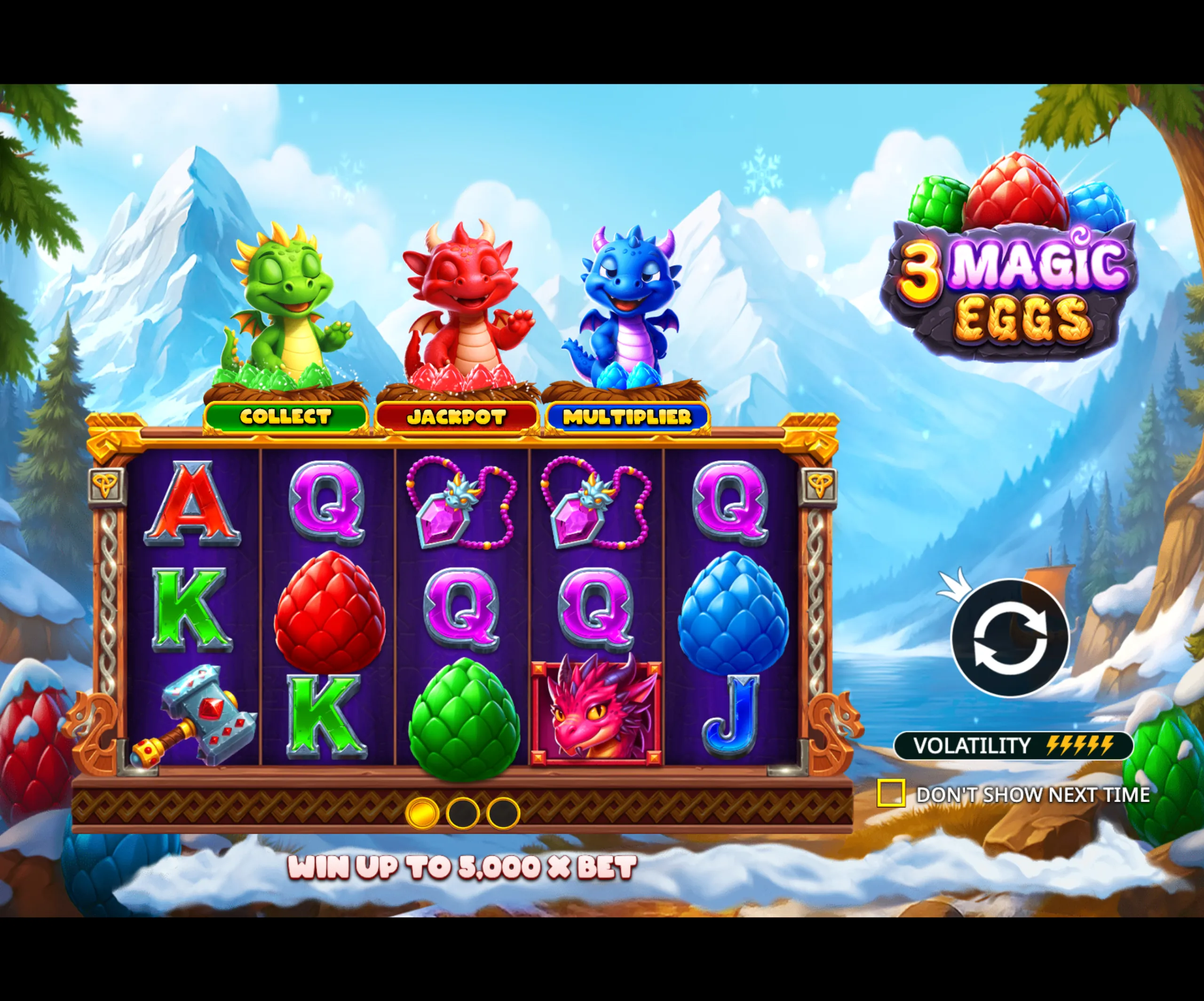 Colorful slot game interface featuring three cute cartoon dragons in green, red, and blue, each sitting in nests with matching colored eggs, set against a snowy mountain backdrop with the title '3 Magic Eggs'.