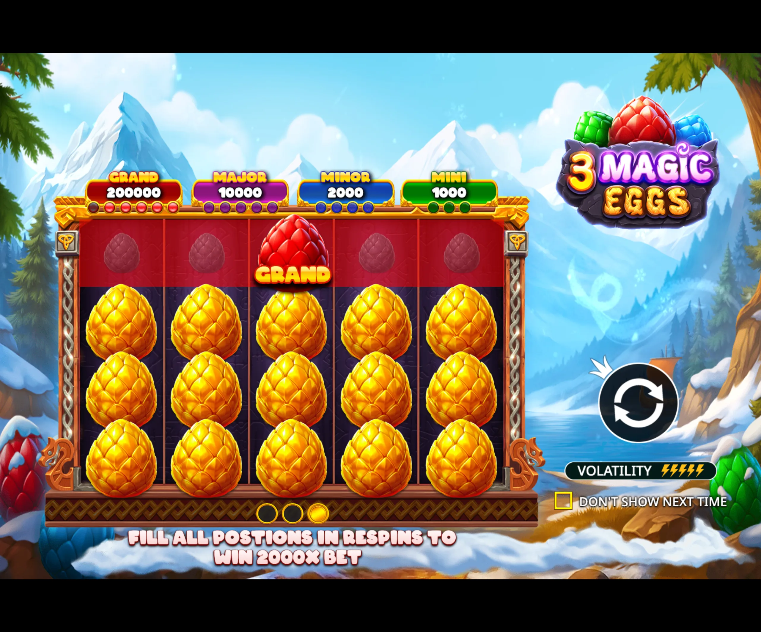 3 Magic Eggs slot game interface with golden dragon eggs on reels, jackpot tiers, and a snowy mountain backdrop