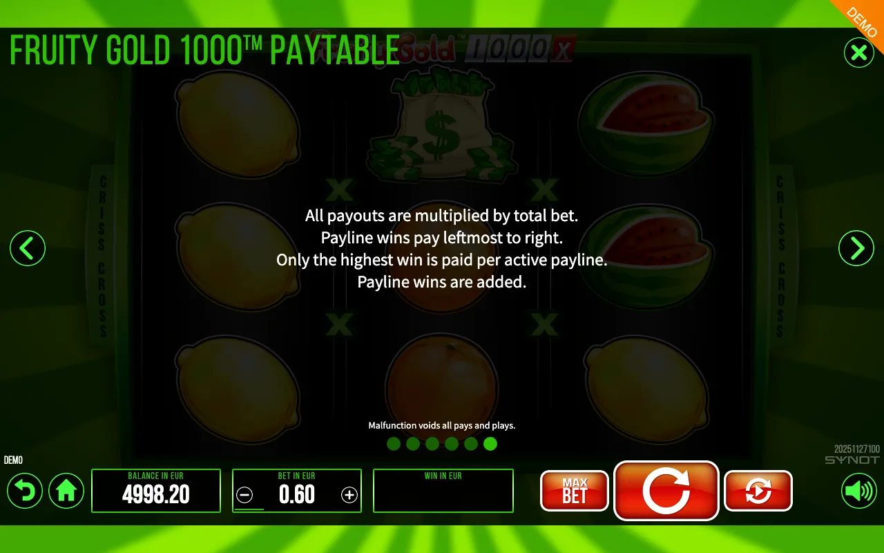 Fruity Gold 1000 paytable page 4 with symbol payouts